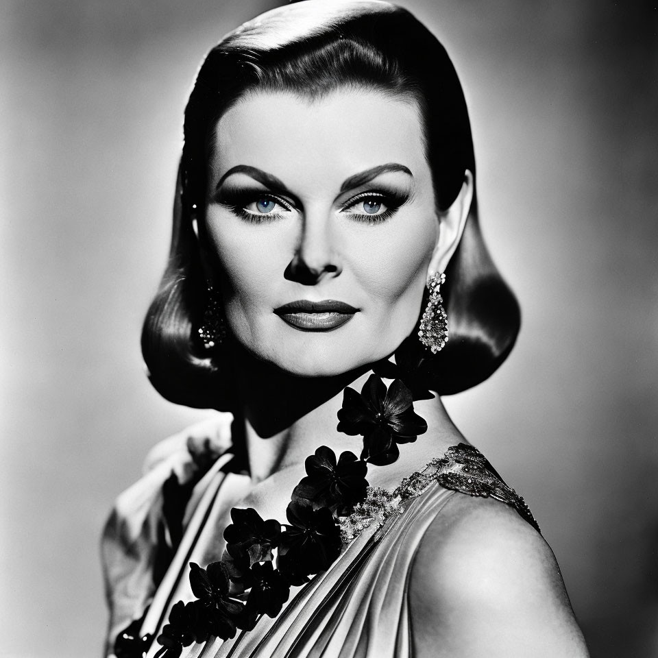 Monochrome studio portrait of woman with striking eyebrows and cat-eye makeup