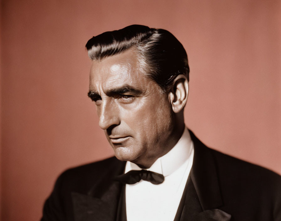 Profile of man in tuxedo with slicked-back hair on red backdrop