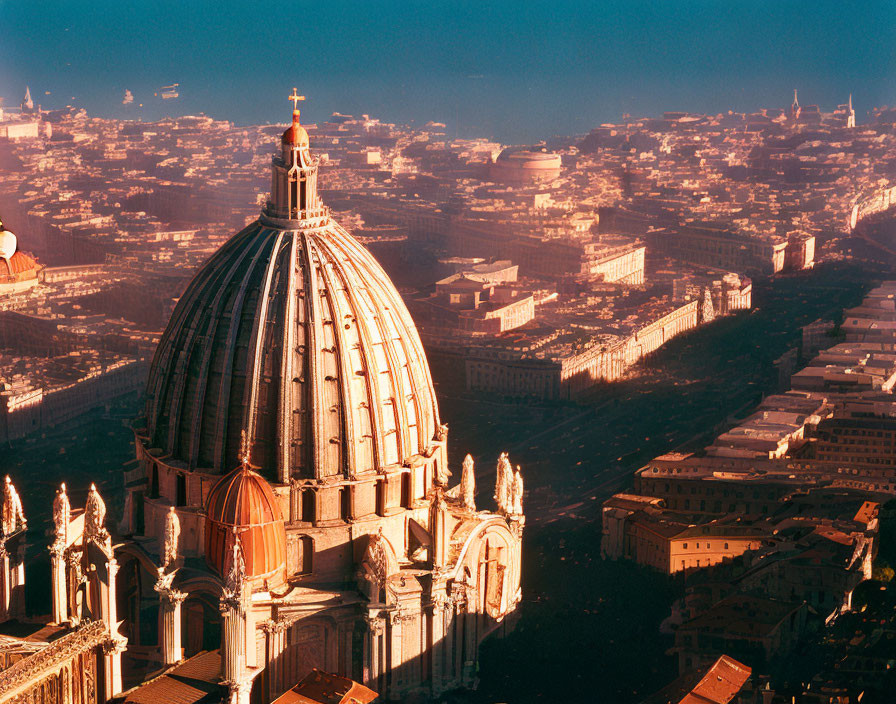 Cityscape with large domed cathedral at dusk