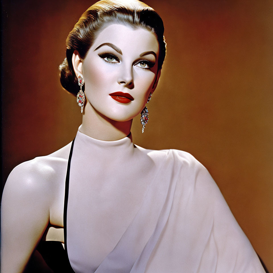 Vintage Portrait of Woman with Elegant Makeup and Fancy Earrings