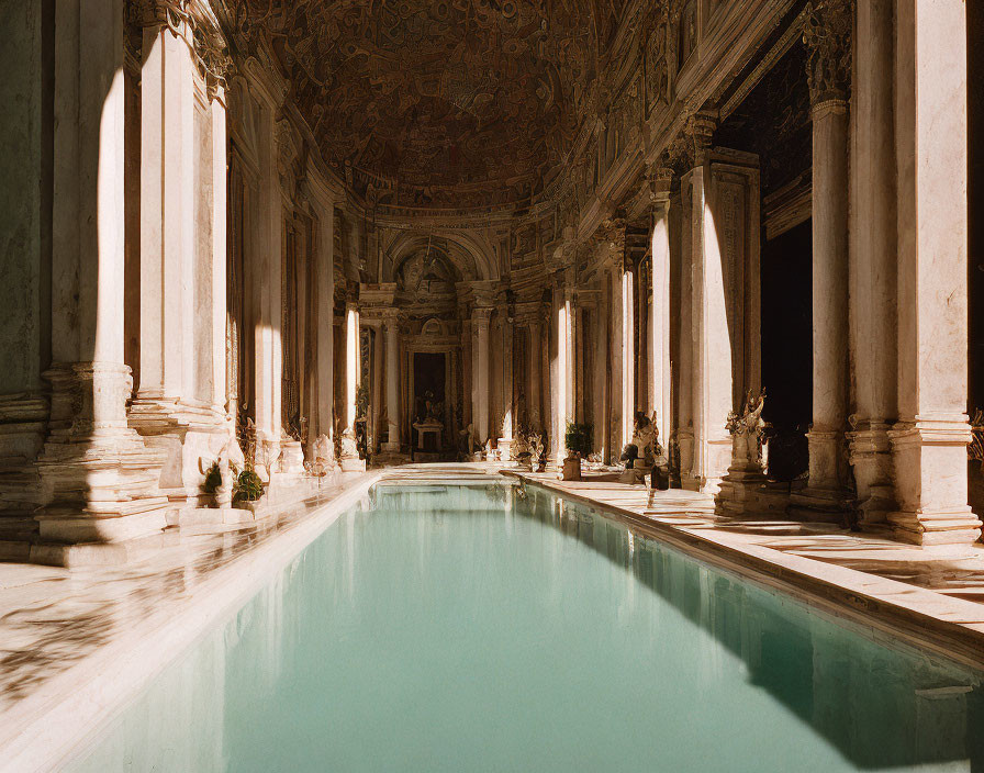 Luxurious indoor pool with classical Roman architecture.