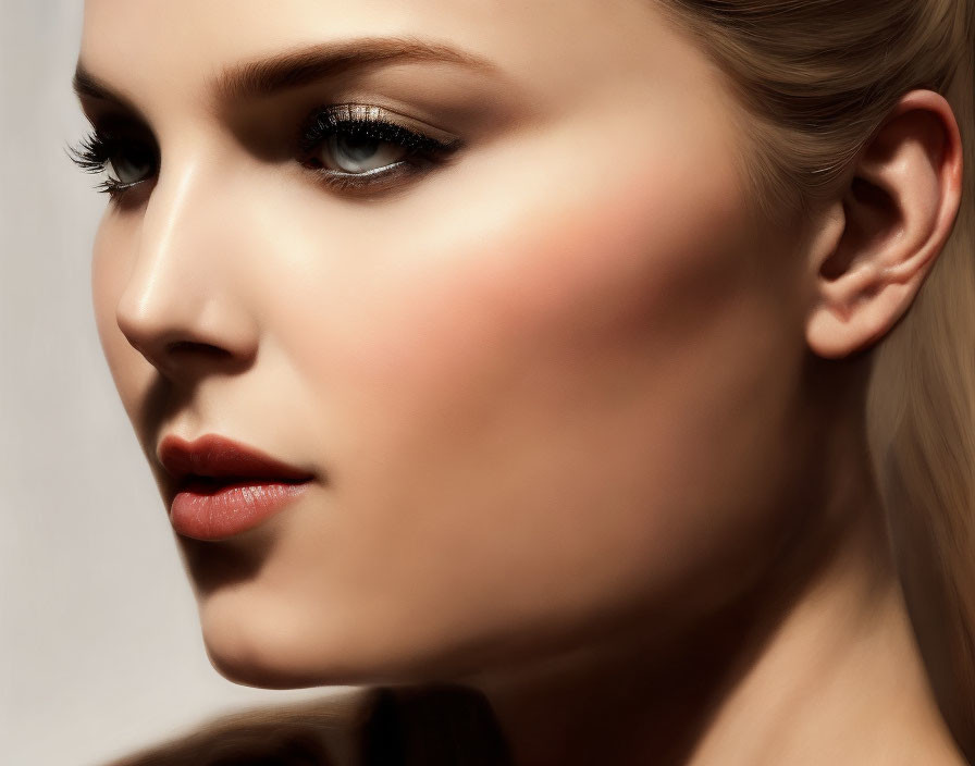 Detailed close-up of woman's striking makeup and sharp facial features