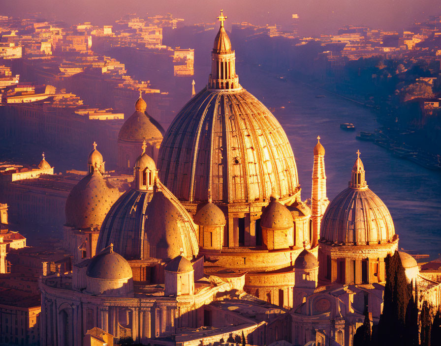 Golden sunlight illuminates St. Peter's Basilica and Rome's cityscape