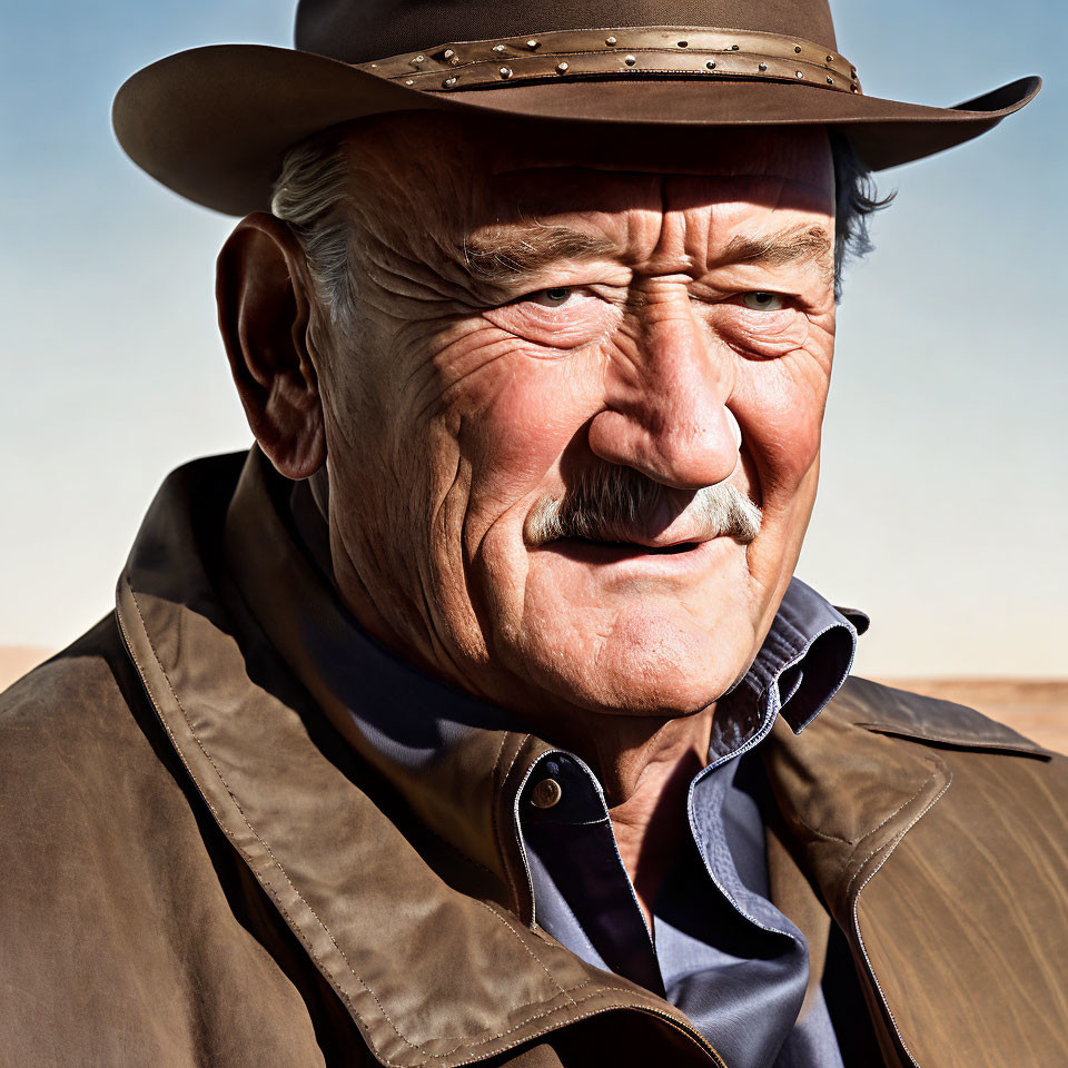 Elderly man in cowboy hat and vest under clear sky