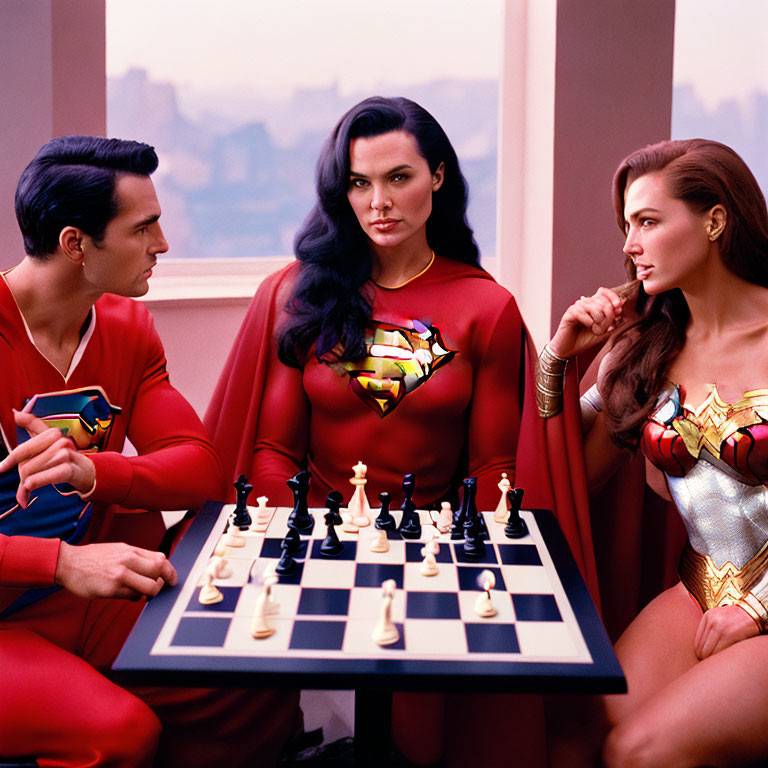 Three People in Superhero Costumes Playing Chess in Cityscape Setting