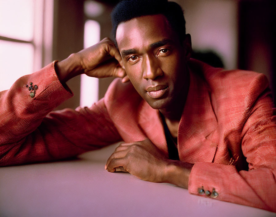 Man in Pink Suit Poses Thoughtfully with Subdued Expression