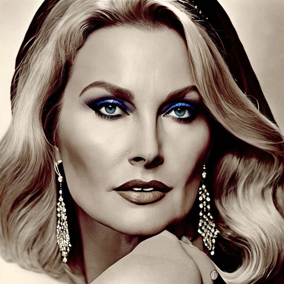 Portrait of a woman with bold blue eyeshadow and striking blue eyes