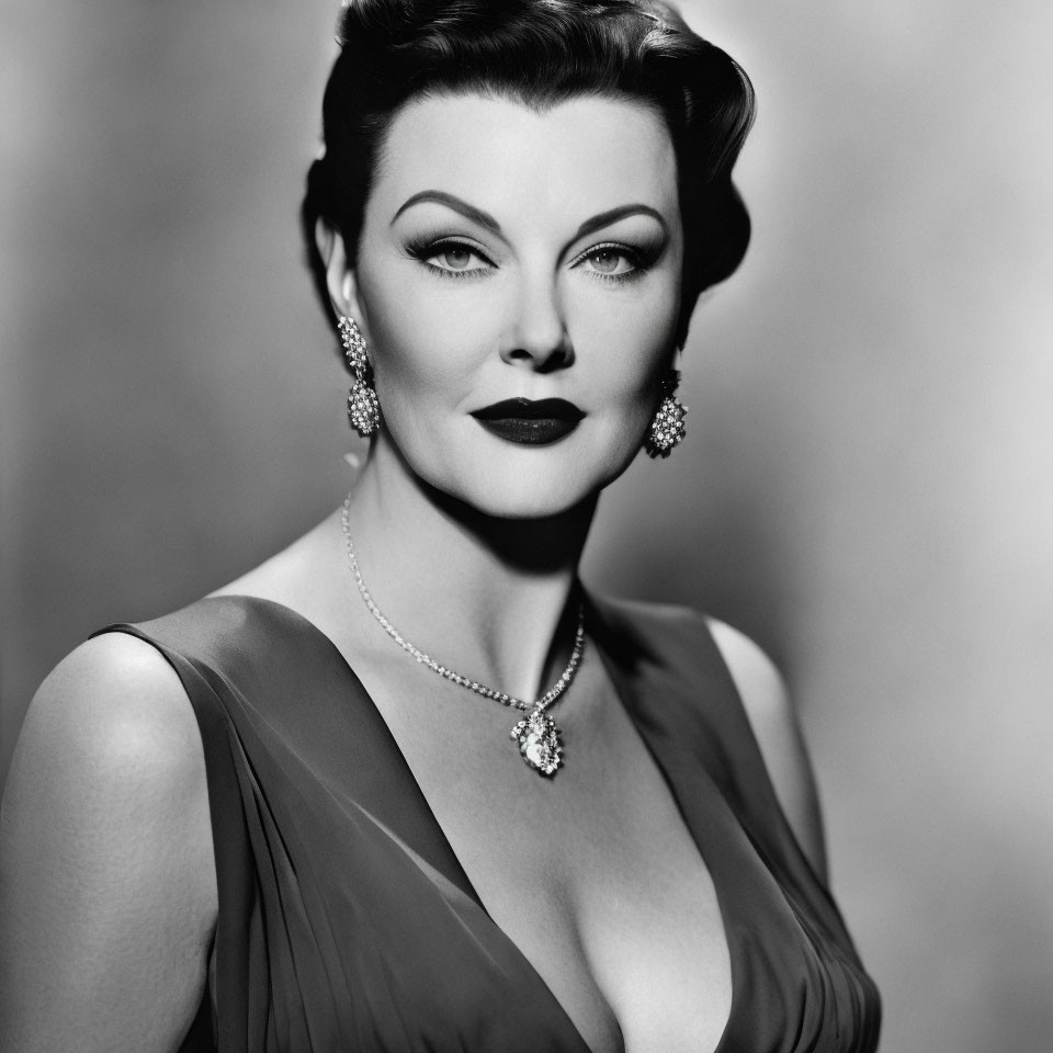 Monochrome portrait of elegant woman with arched eyebrows, earrings, necklace, plunging neckline dress