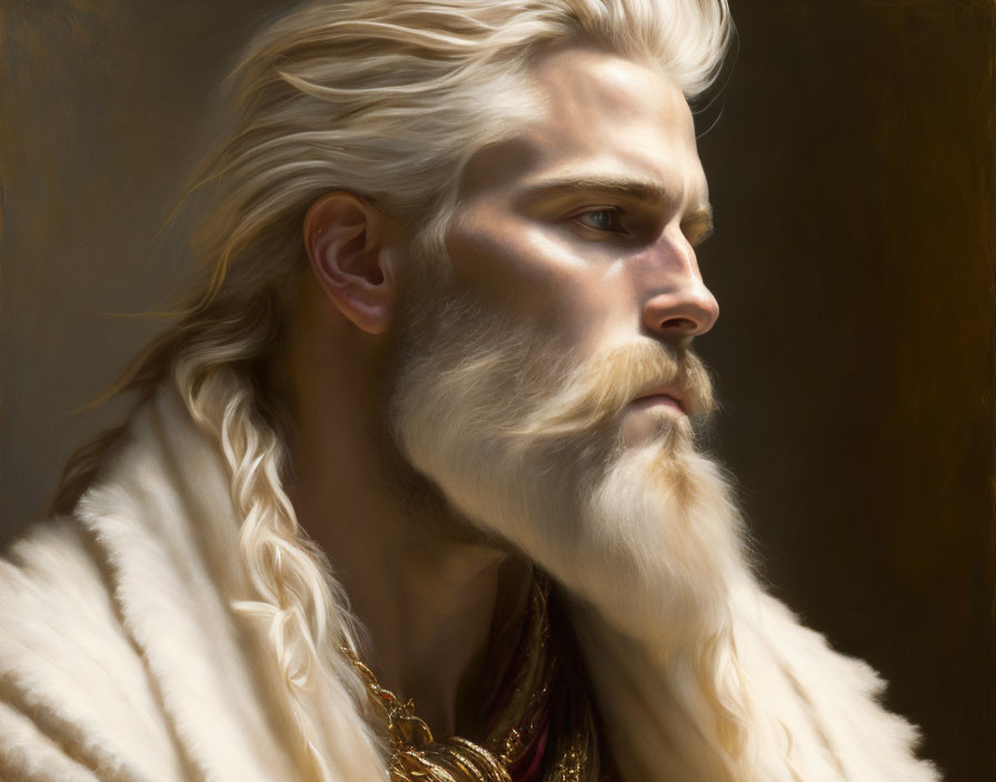 Regal man with long blonde hair, fur attire, and gold jewelry gazes thoughtfully.