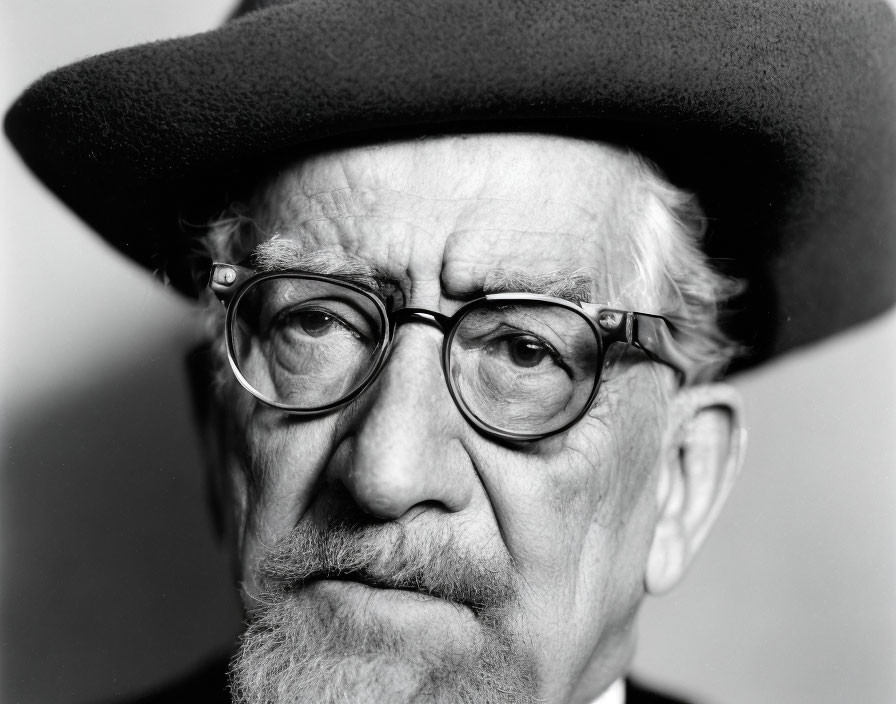 Elderly man with glasses and beret, focused gaze and mustache