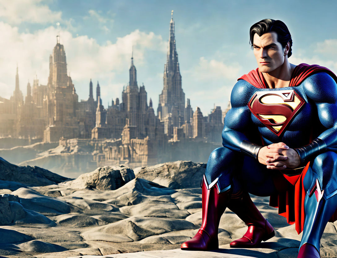 Animated Superman with stern expression kneeling on rocky terrain with futuristic city skyline under cloudy blue sky