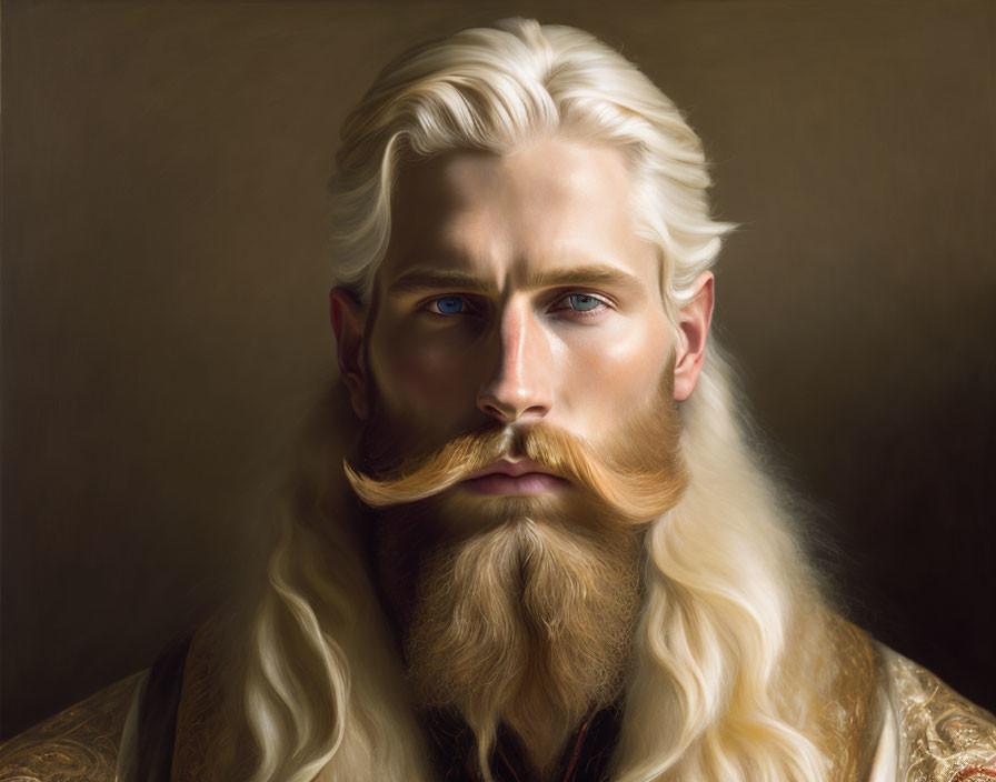 Fictional character portrait: long blonde hair, blue eyes, mustache, beard, warm background