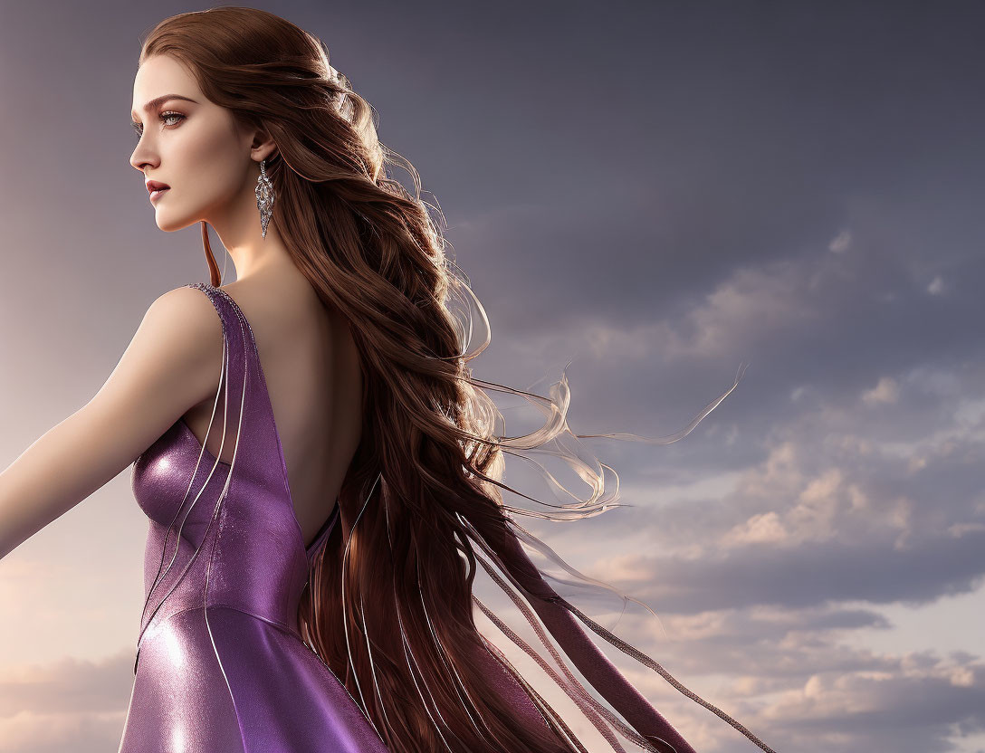 Woman in purple dress with long hair gazing under soft-lit sky