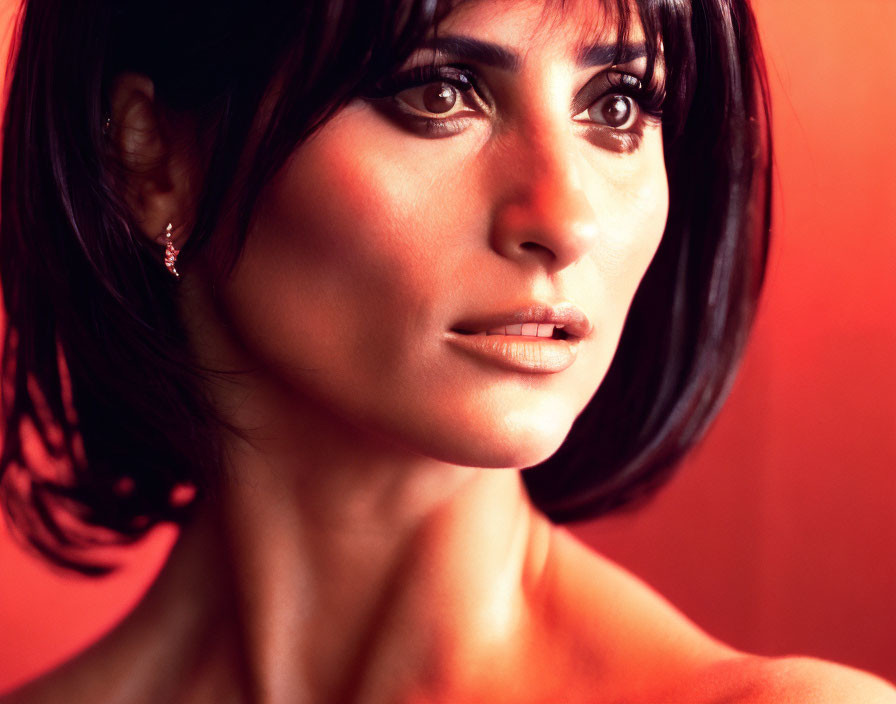 Dark-haired woman with intense gaze and subtle earring on red background.