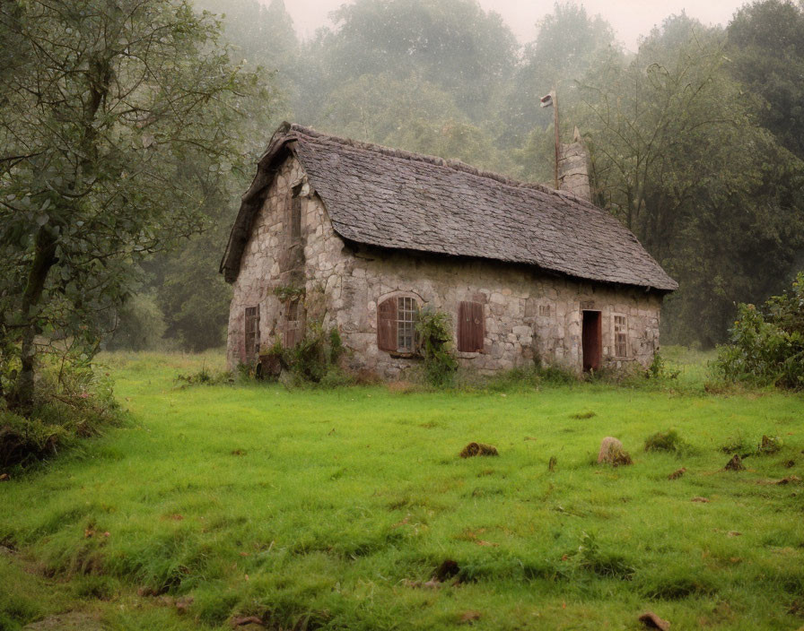 Weathered stone cottage in misty green surroundings