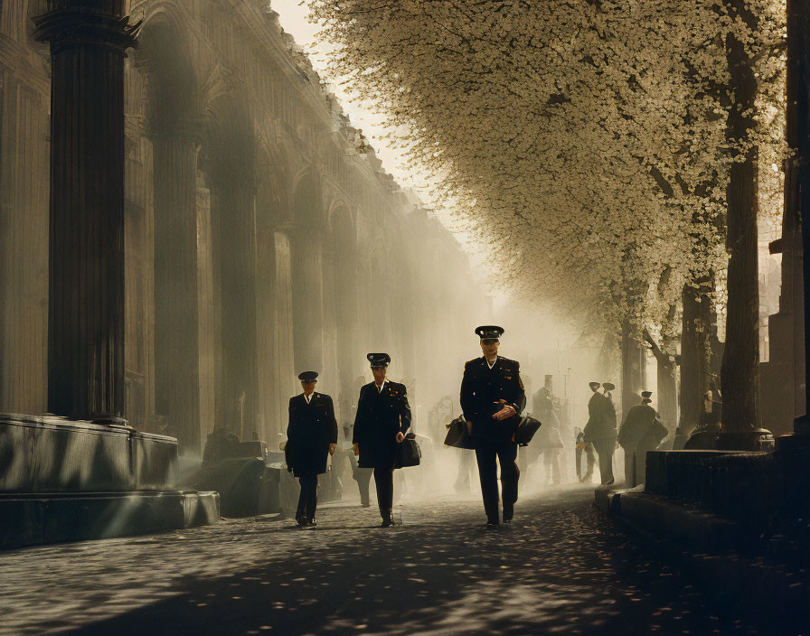 Uniformed trio strolls down sunlit, tree-lined avenue