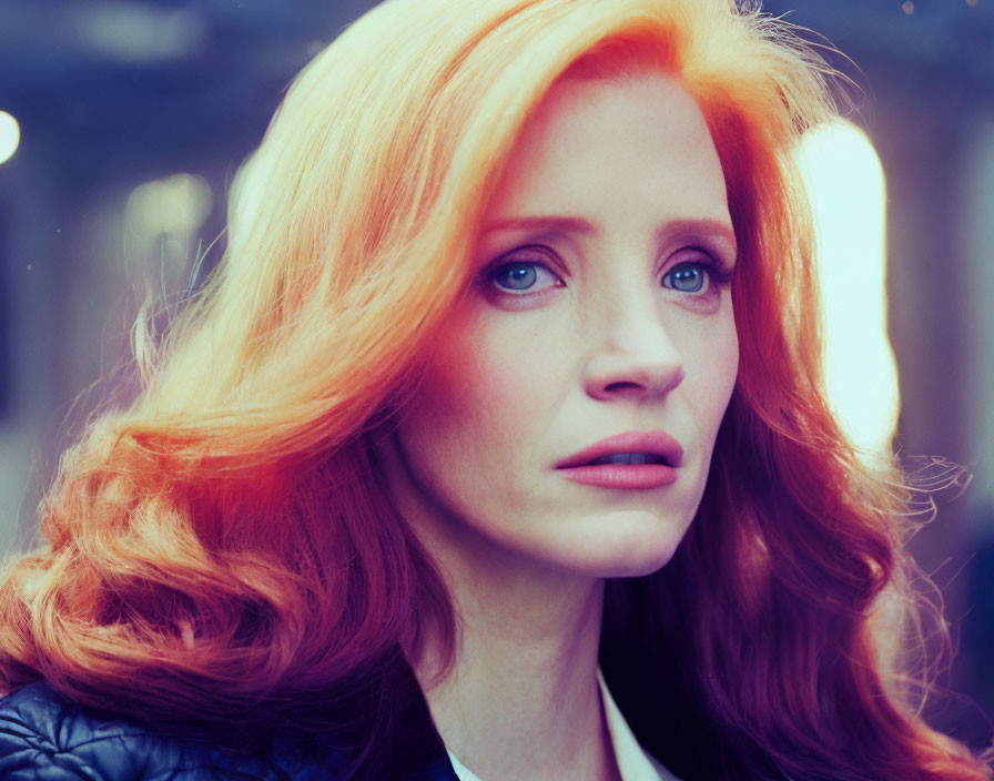 Red-haired woman with blue eyes in pensive pose against blurred background