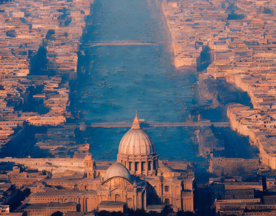 Cityscape with Large Domed Building in Warm Dusk Light