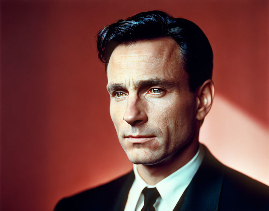 Man in Dark Suit with Slicked-Back Hair on Red Background