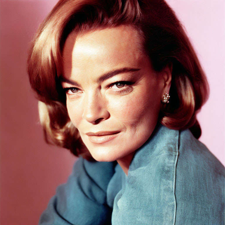 Vintage Portrait of Woman with Confident Smile and Blue High-Collar Outfit