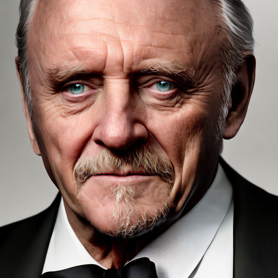 Elderly Man with Blue Eyes and Mustache in Black Tuxedo