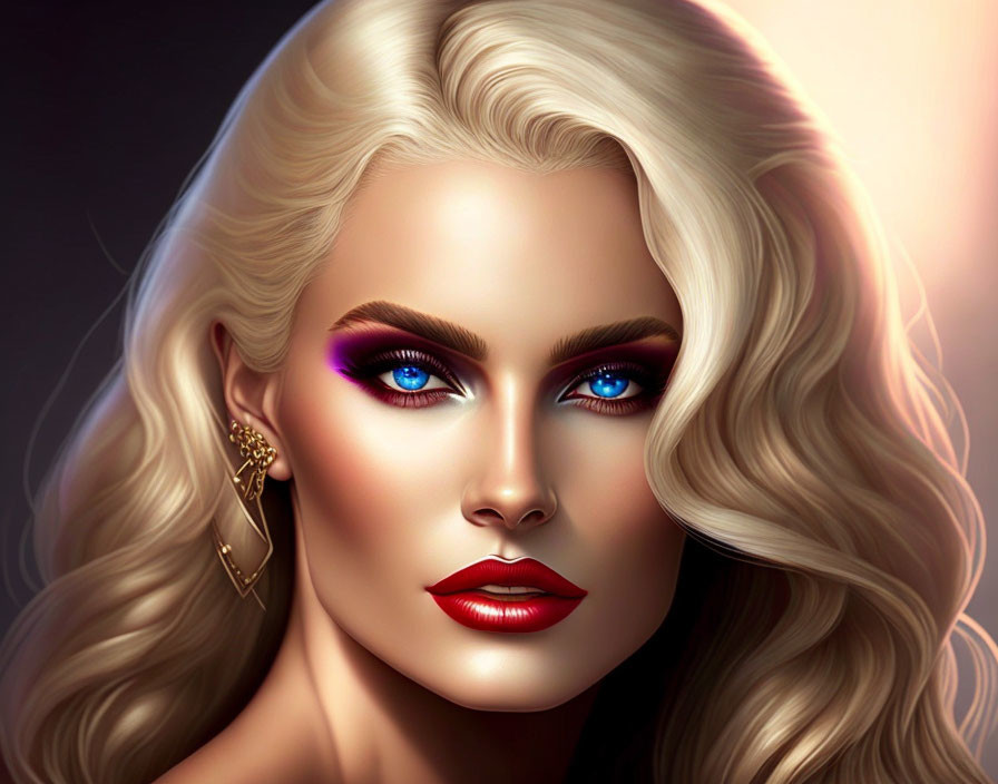 Portrait of a woman with blonde hair, blue eyes, purple eyeshadow, red lipstick, and