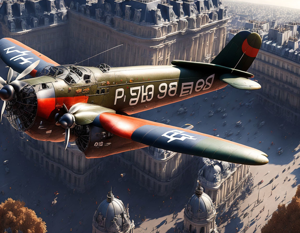 Vintage bomber plane flying low over a city with grand buildings, spinning propellers.