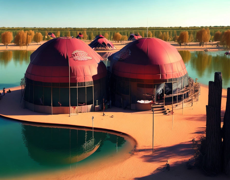 Large domed structures by calm lake with sandy beach and trees under clear blue sky