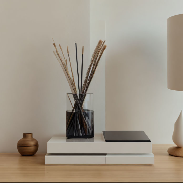 Minimalist Interior Decor with Dried Plants, Glass Vase, White Books, and Modern Lamp