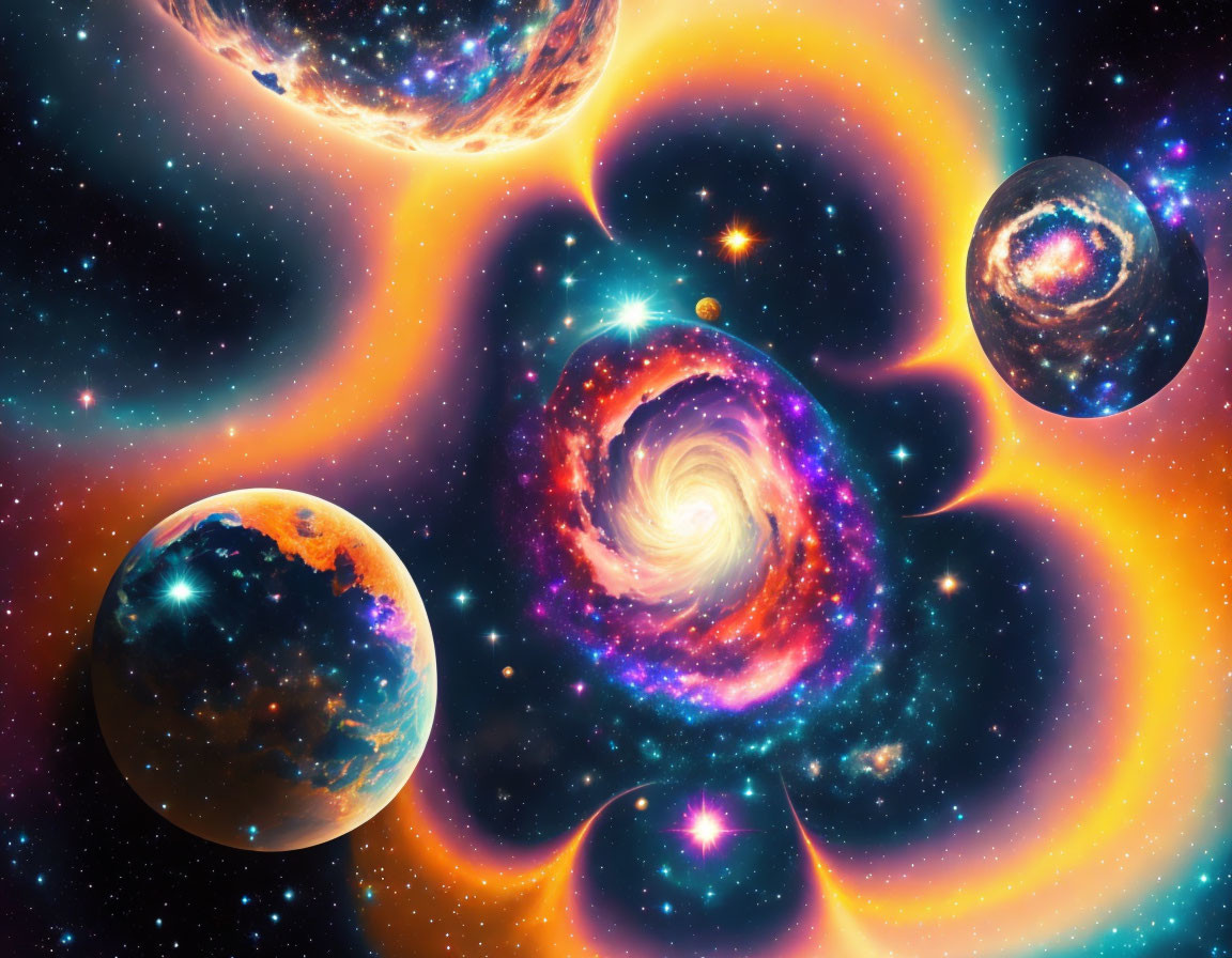 Colorful cosmic scene with planets, galaxy, stars, and nebulae in orange, purple,