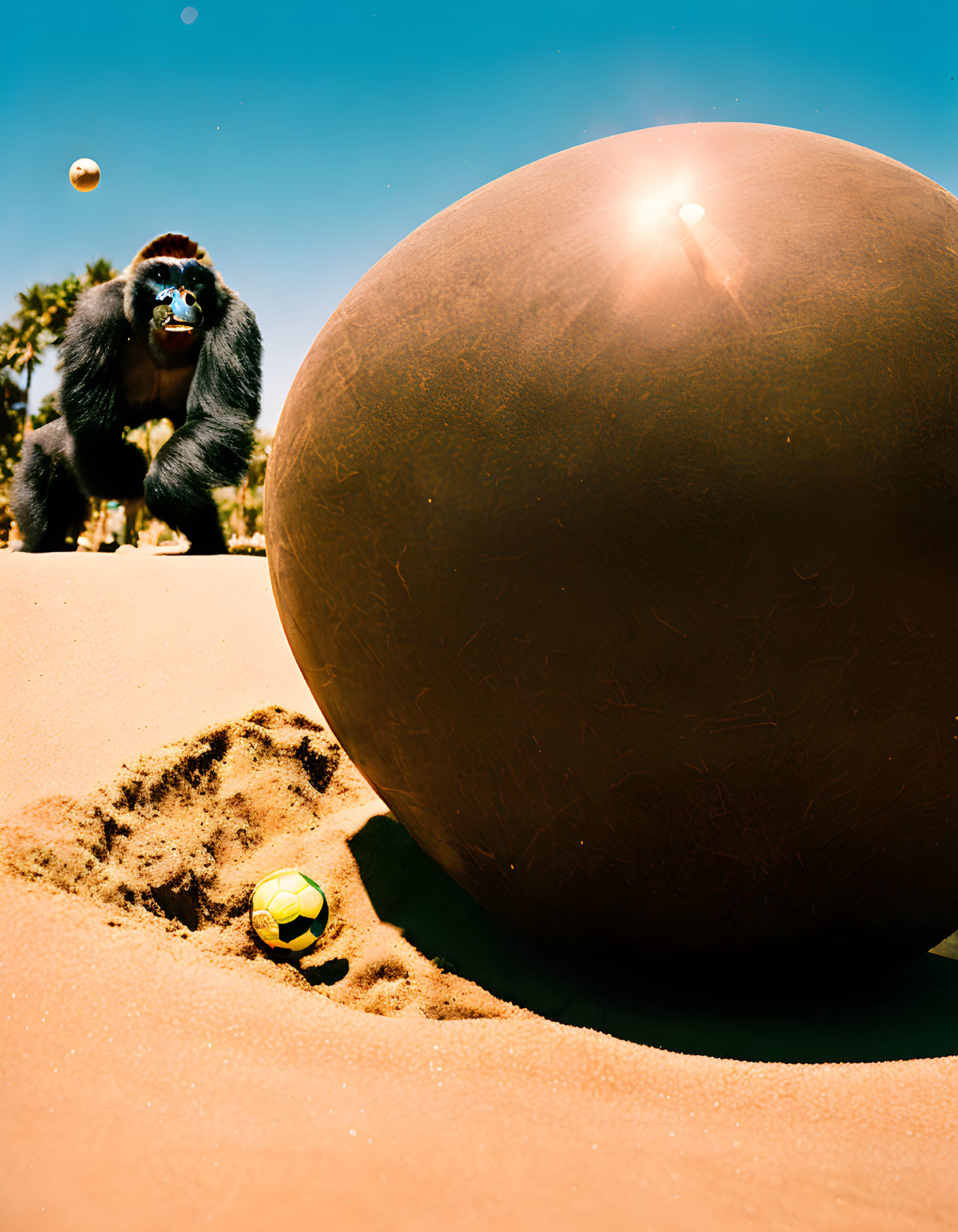 Gorilla on Sandy Beach with Balls and Planet-like Sphere