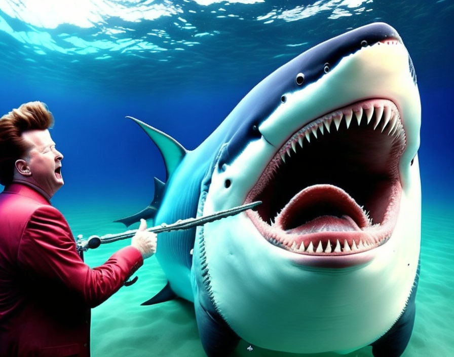 Exaggerated screaming man in red suit with shark in underwater scene