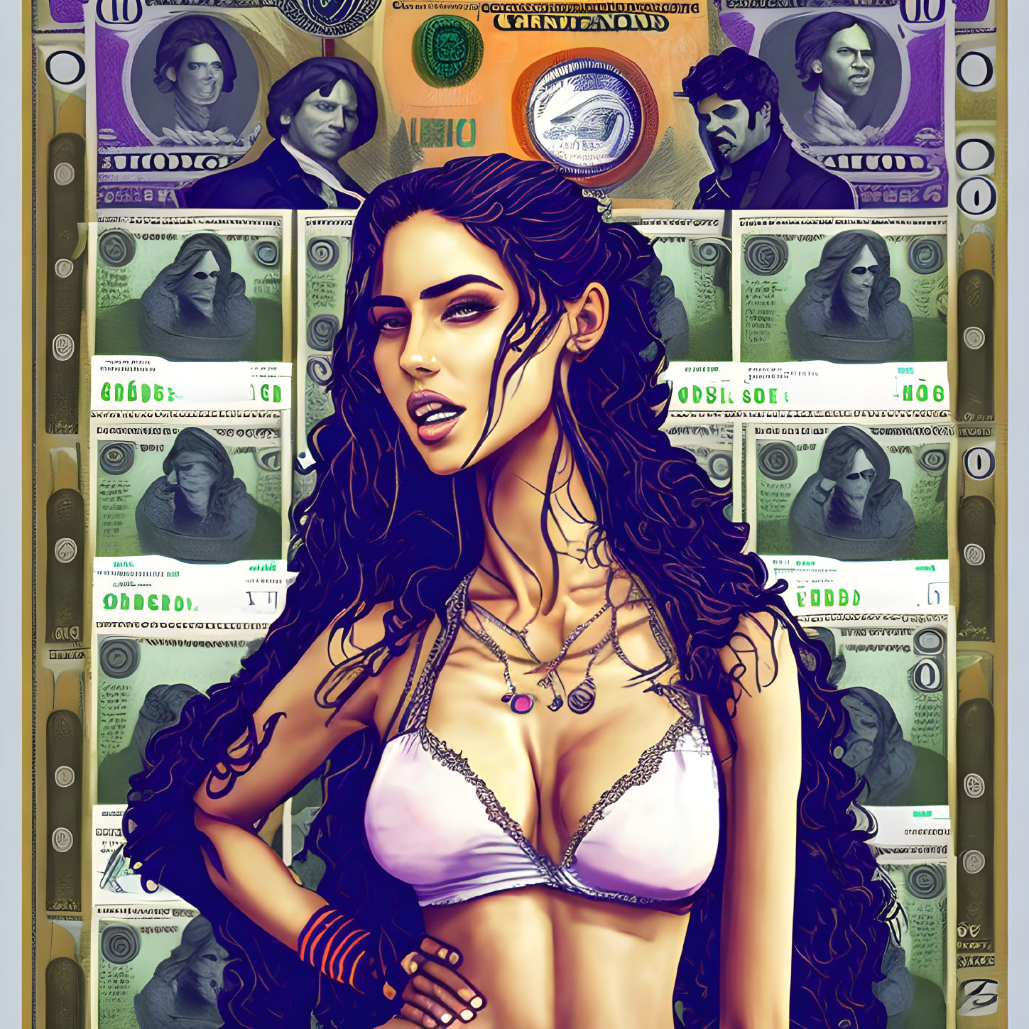 Illustrated woman with long, curly hair and dramatic makeup against stylized money bills with fictitious characters