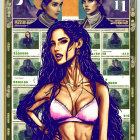 Illustrated woman with long, curly hair and dramatic makeup against stylized money bills with fictitious characters