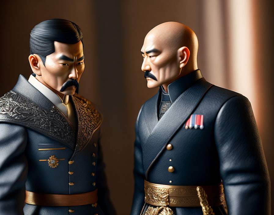 Stylized figurines of men in historical military uniforms with medals and intense expressions