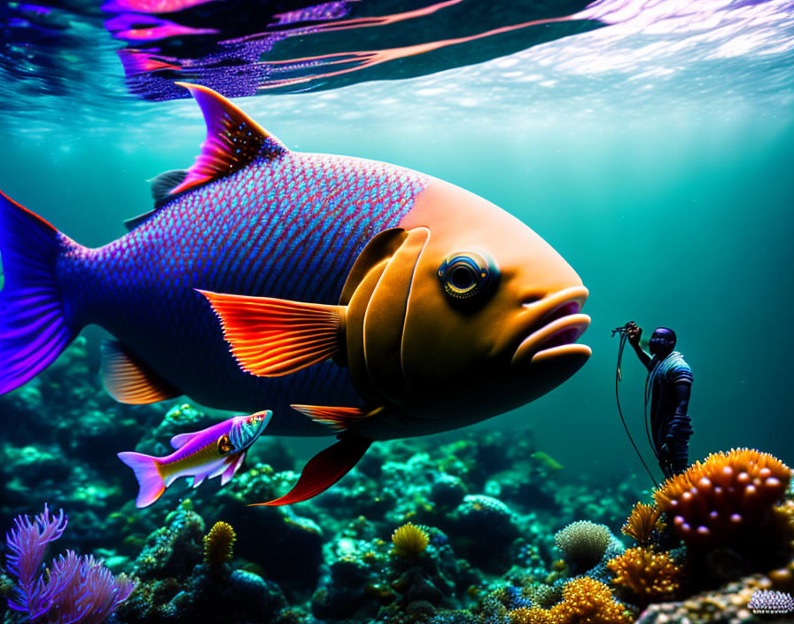 Colorful Fish and Diver in Vibrant Underwater Scene