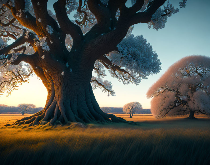 Majestic tree with broad trunk and frost-covered leaves at sunrise