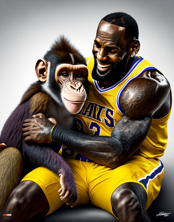 Man in yellow basketball jersey embraces monkey on gray background