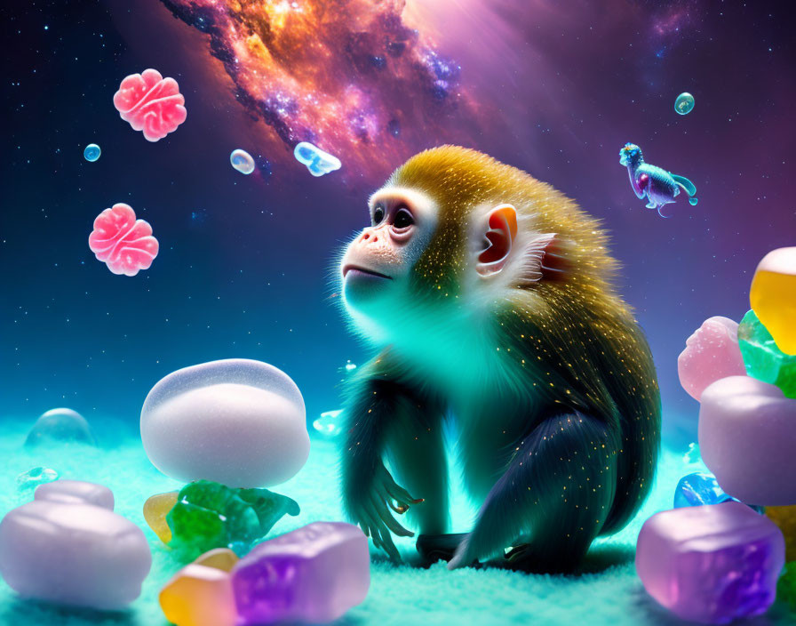 Colorful surreal monkey with candies, jellyfish, bubbles in cosmic scene