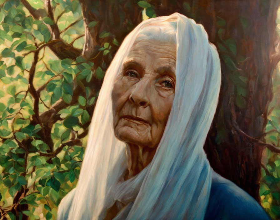 Elderly woman with long white hair in front of leafy green trees