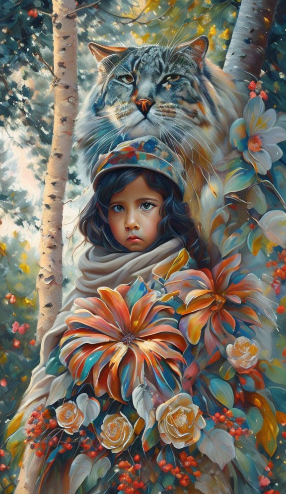 Young girl with big eyes and cat on head in forest setting