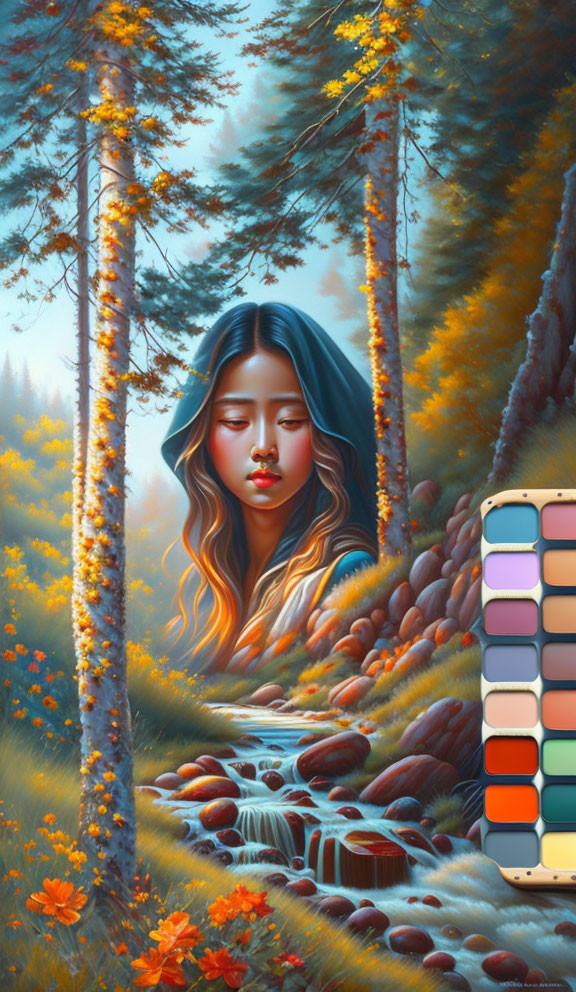 Surreal art piece: Woman's face merges with autumn forest landscape