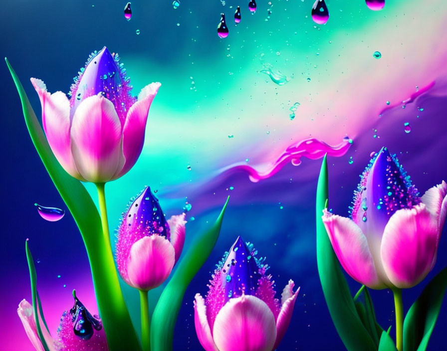 Colorful abstract background with vibrant pink tulips and dewdrops