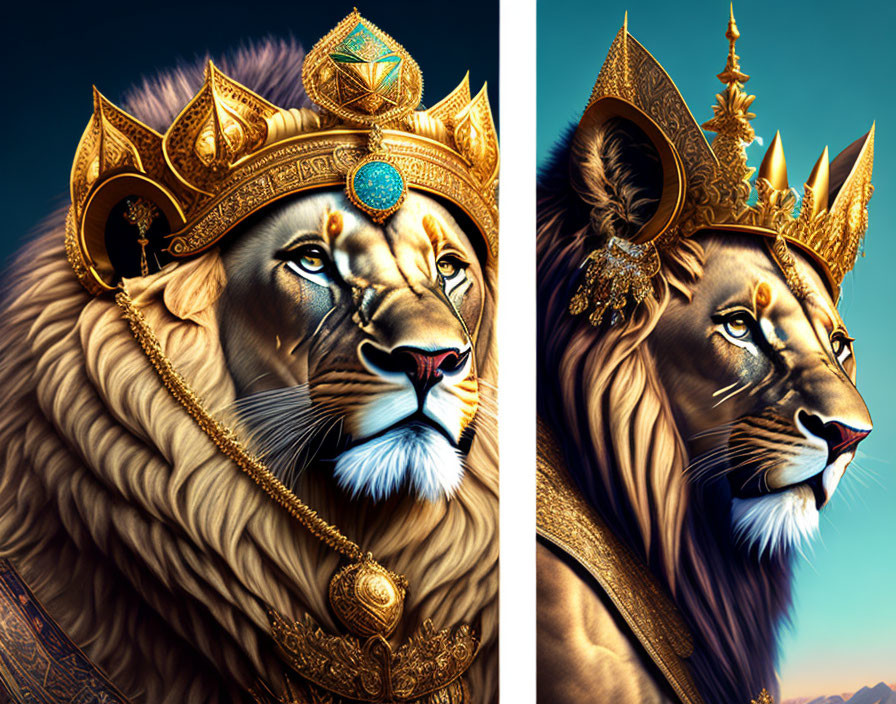 Majestic lions with jewel-encrusted crowns on dark and light backgrounds