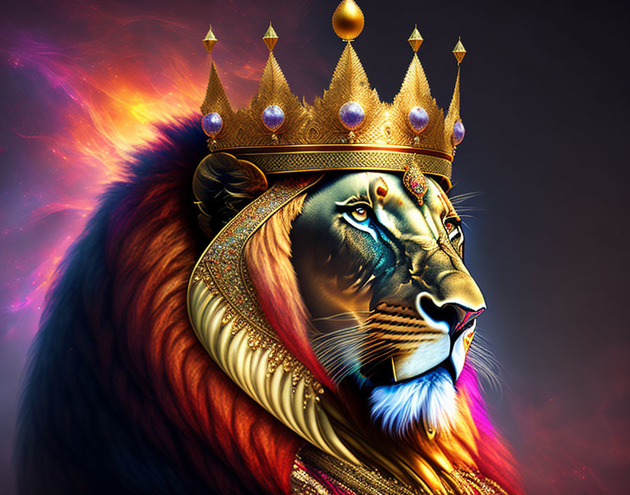 Majestic lion with human-like face in golden crown on cosmic backdrop