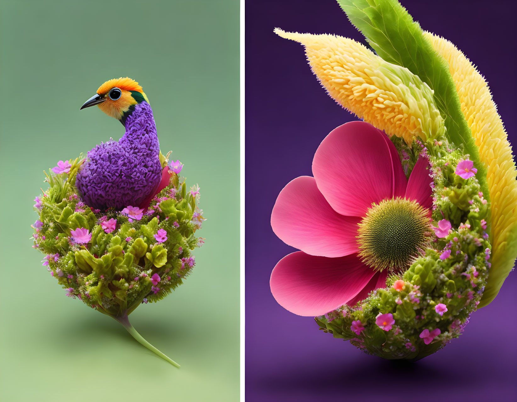 Composite Images of Surreal Bird-Flower Creatures