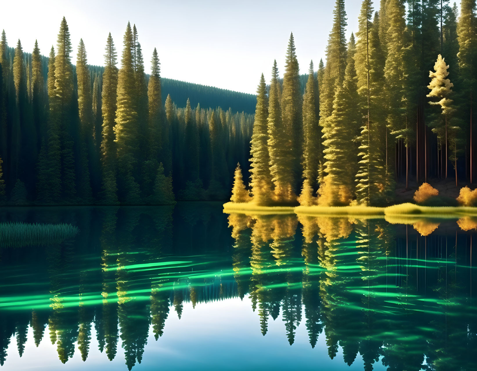 Tranquil forest lake with pine tree reflection and golden sunlight at dusk or dawn