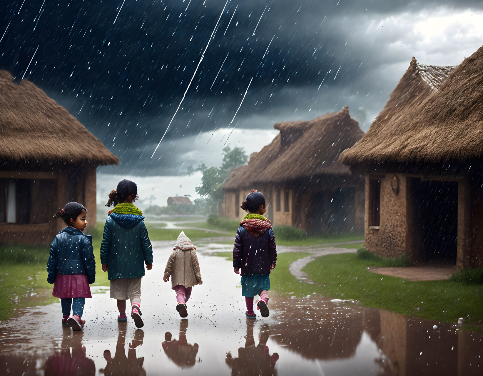 Three children in colorful jackets walking on wet pathway between thatched-roof huts in pouring rain.