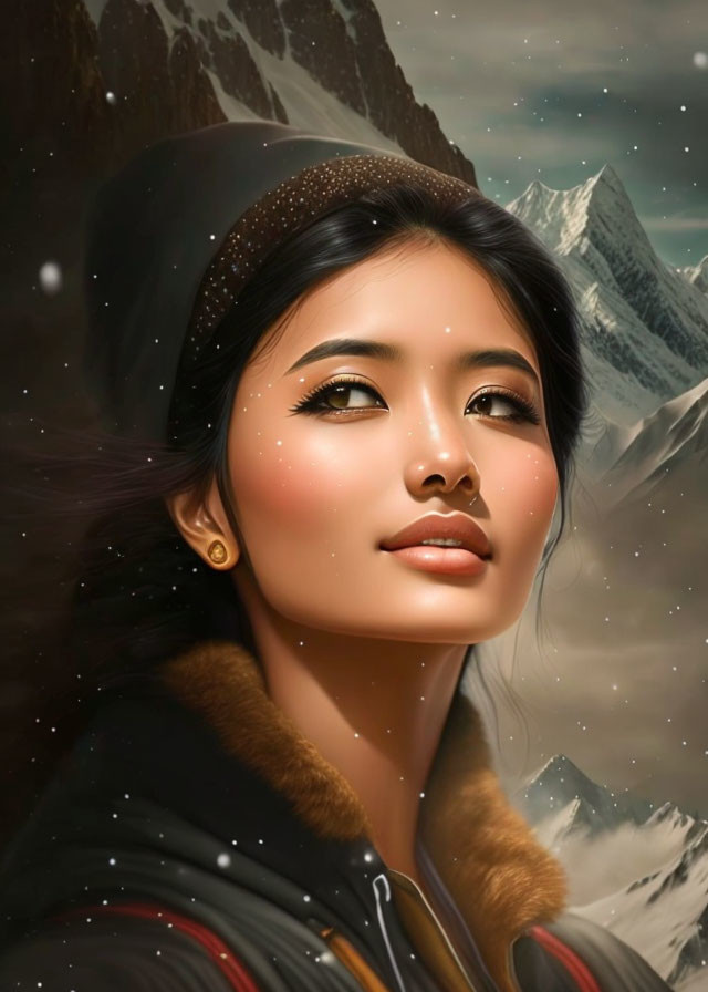 Serene woman portrait with warm tones against snowy mountains