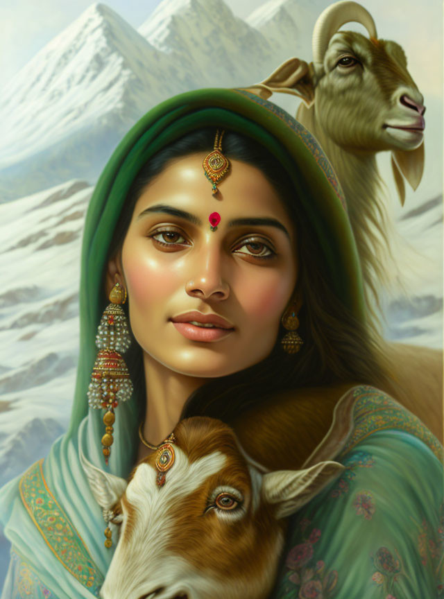 Woman in traditional attire with goats in snowy mountain backdrop